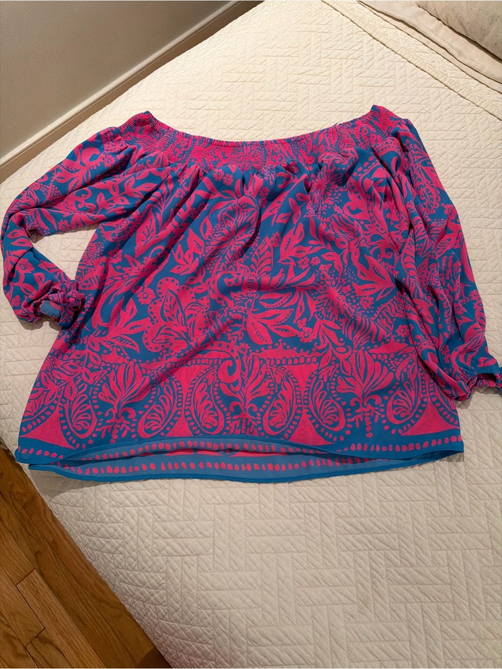 Lilly Pulitzer Maryellen off the shoulder top in Aura Pink Leaf an Impression.